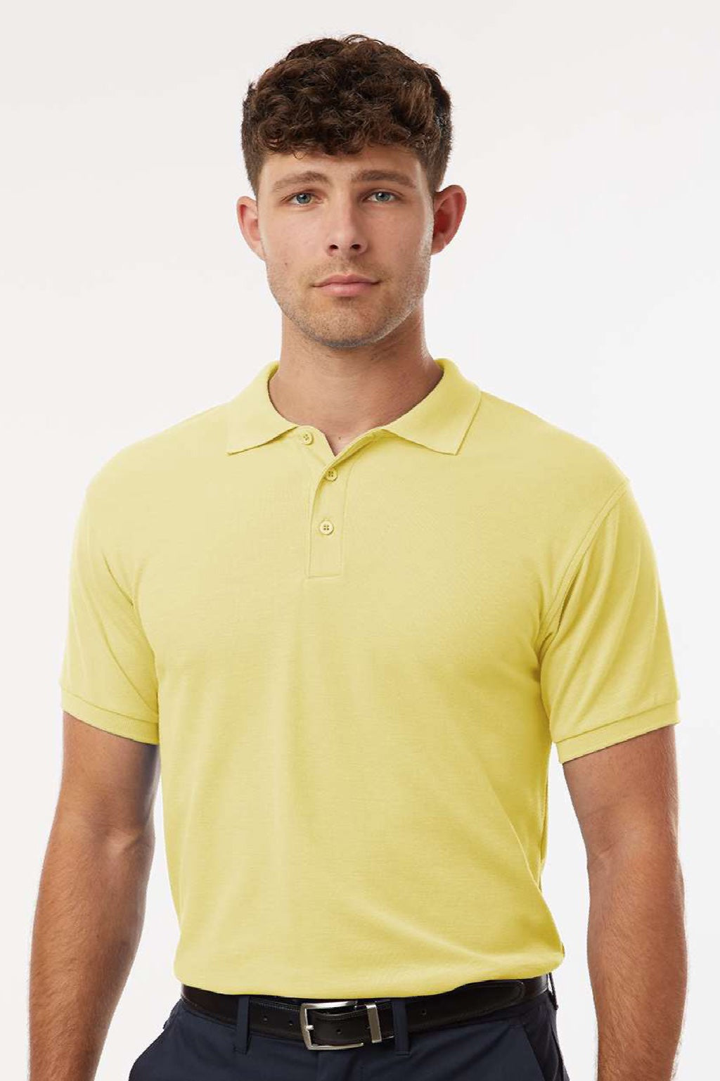 AllPro 62800 Mens Pique Short Sleeve Polo Shirt Light Yellow Model Front