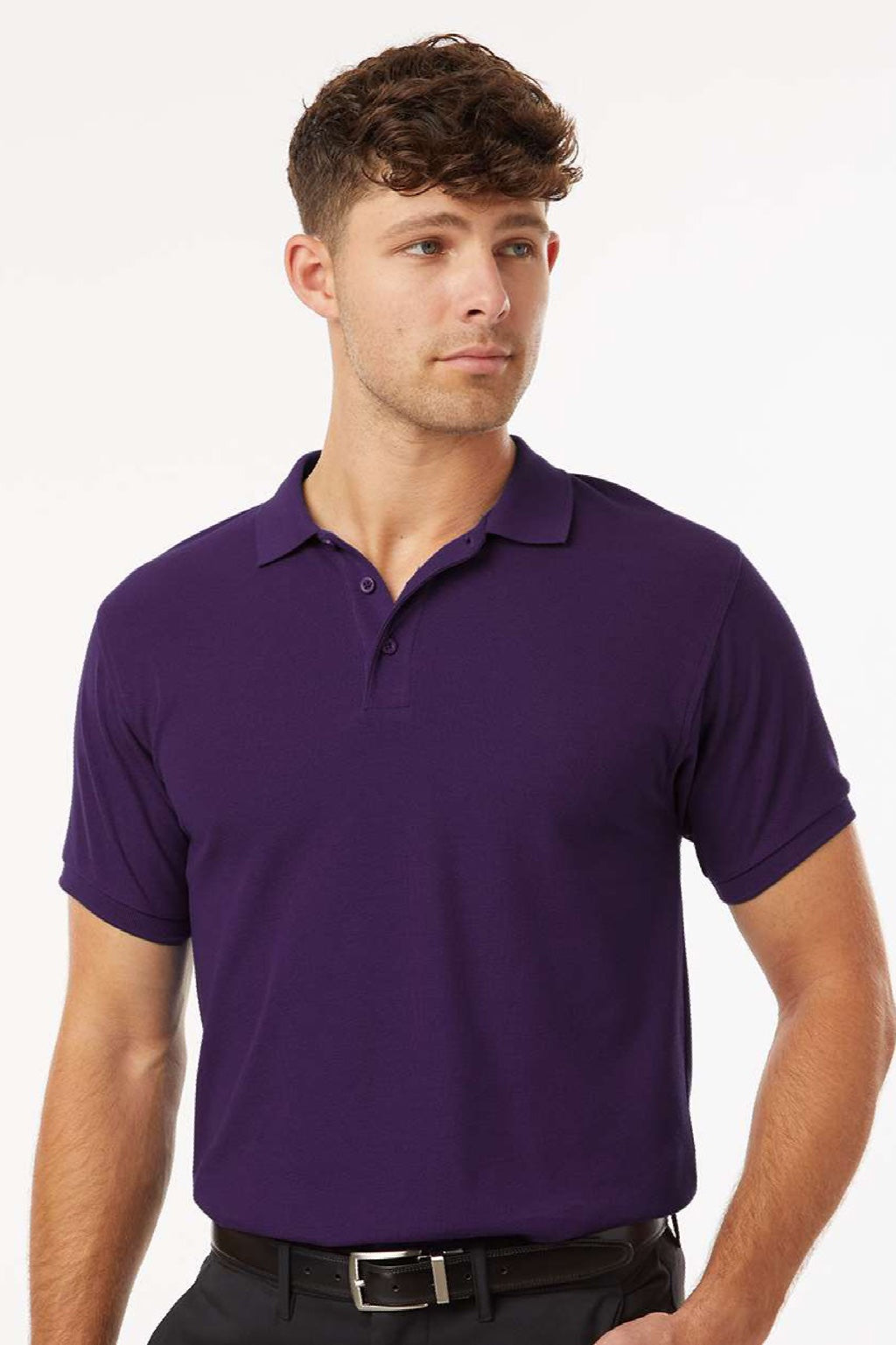 AllPro 62800 Mens Pique Short Sleeve Polo Shirt Purple Model Front
