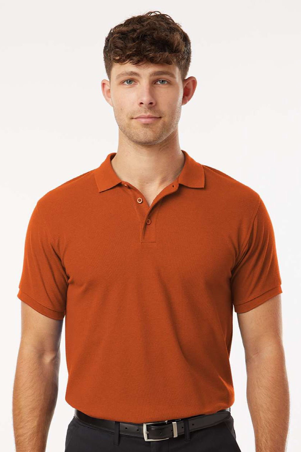 AllPro 62800 Mens Pique Short Sleeve Polo Shirt Rust Orange Model Front