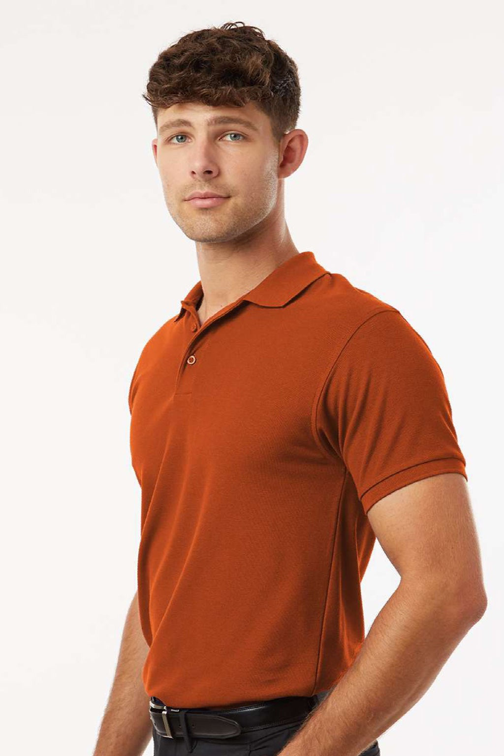 AllPro 62800 Mens Pique Short Sleeve Polo Shirt Rust Orange Model Side
