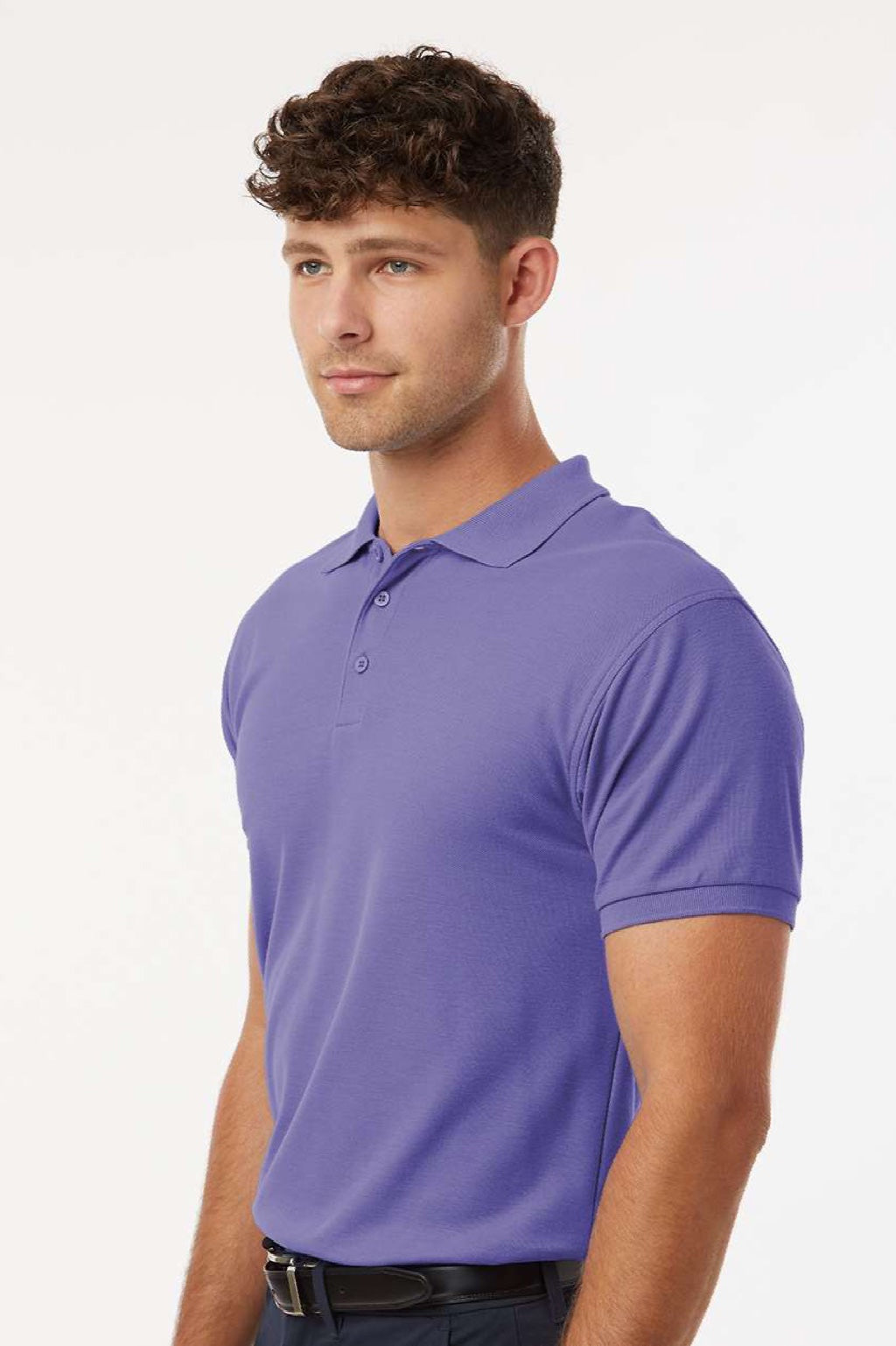 AllPro 62800 Mens Pique Short Sleeve Polo Shirt Violet Purple Model Side