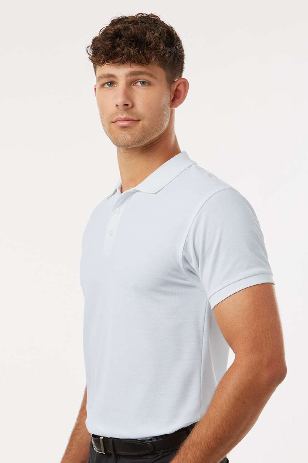AllPro 62800 Mens Pique Short Sleeve Polo Shirt White Model Side