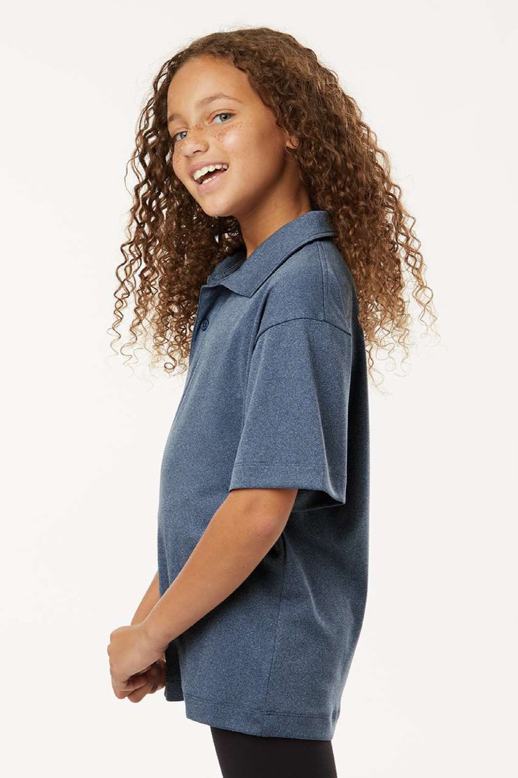 AllPro 41800Y Youth Pro Lock Performance Short Sleeve Polo Shirt Heather Navy Blue Model Side