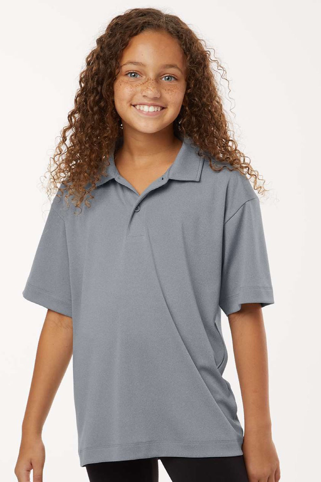 AllPro 41800Y Youth Pro Lock Performance Short Sleeve Polo Shirt Heather Steel Grey Model Front