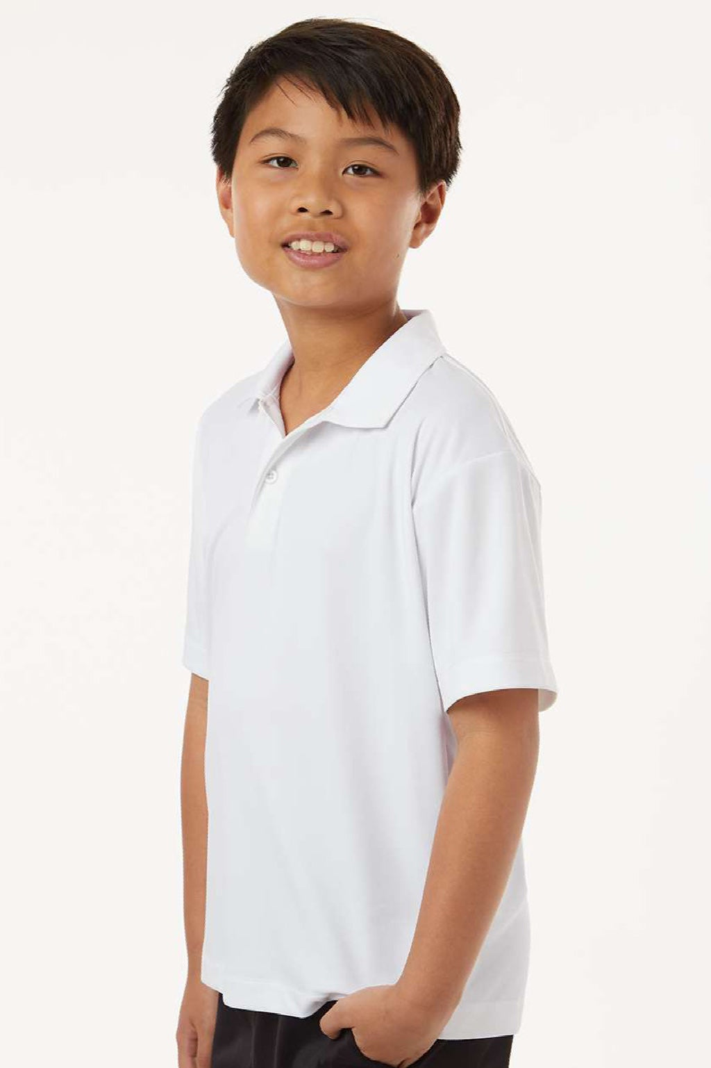 AllPro 41800Y Youth Pro Lock Performance Short Sleeve Polo Shirt White Model Side
