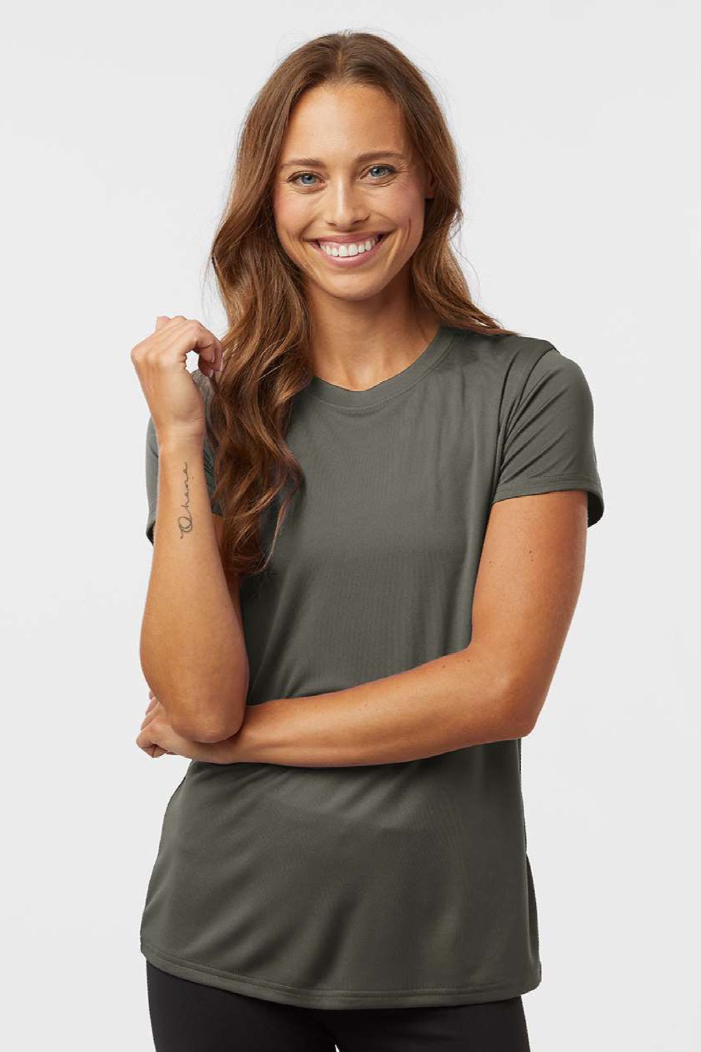 AllPro 48000L Womens Pro Lock Performance Short Sleeve Crewneck T-Shirt Charcoal Grey Model Front