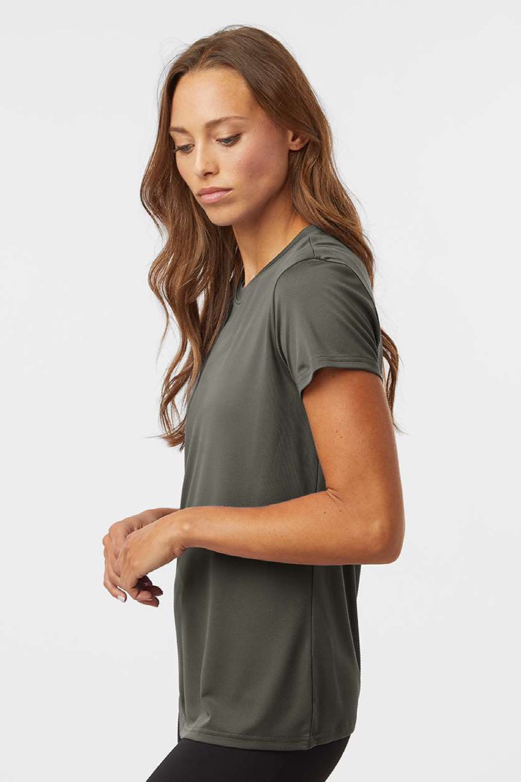 AllPro 48000L Womens Pro Lock Performance Short Sleeve Crewneck T-Shirt Charcoal Grey Model Side
