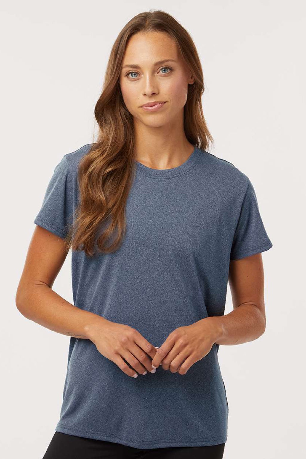 AllPro 48000L Womens Pro Lock Performance Short Sleeve Crewneck T-Shirt Heather Navy Blue Model Front