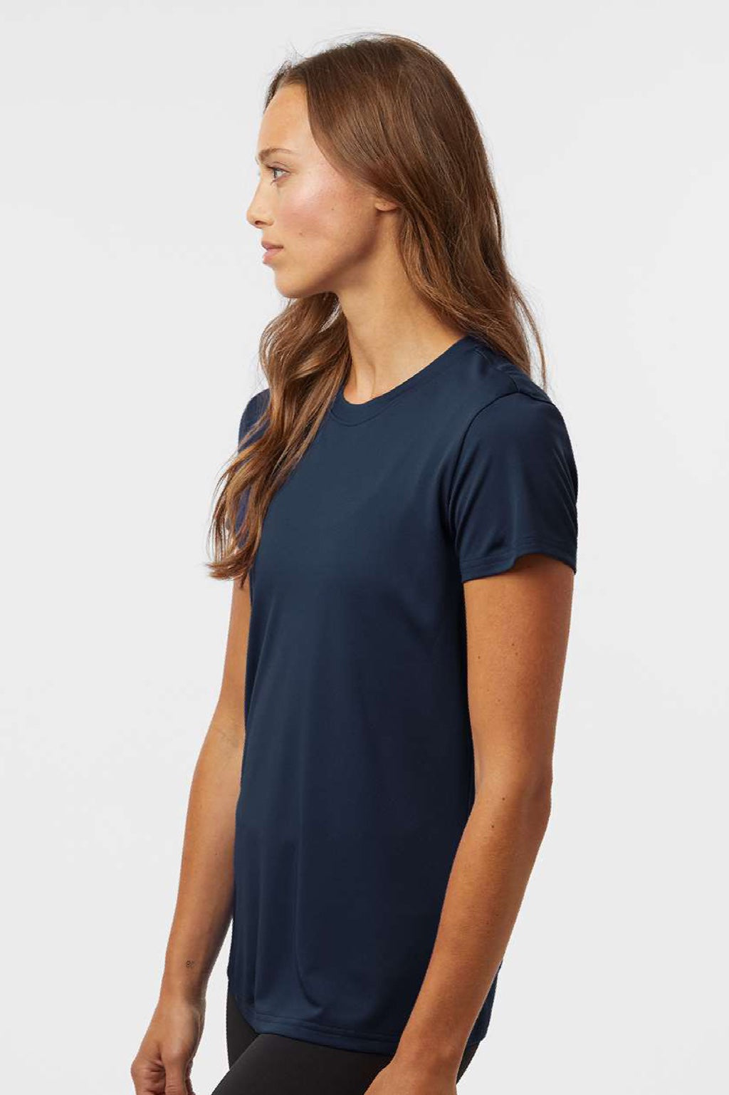 AllPro 48000L Womens Pro Lock Performance Short Sleeve Crewneck T-Shirt Navy Blue Model Side