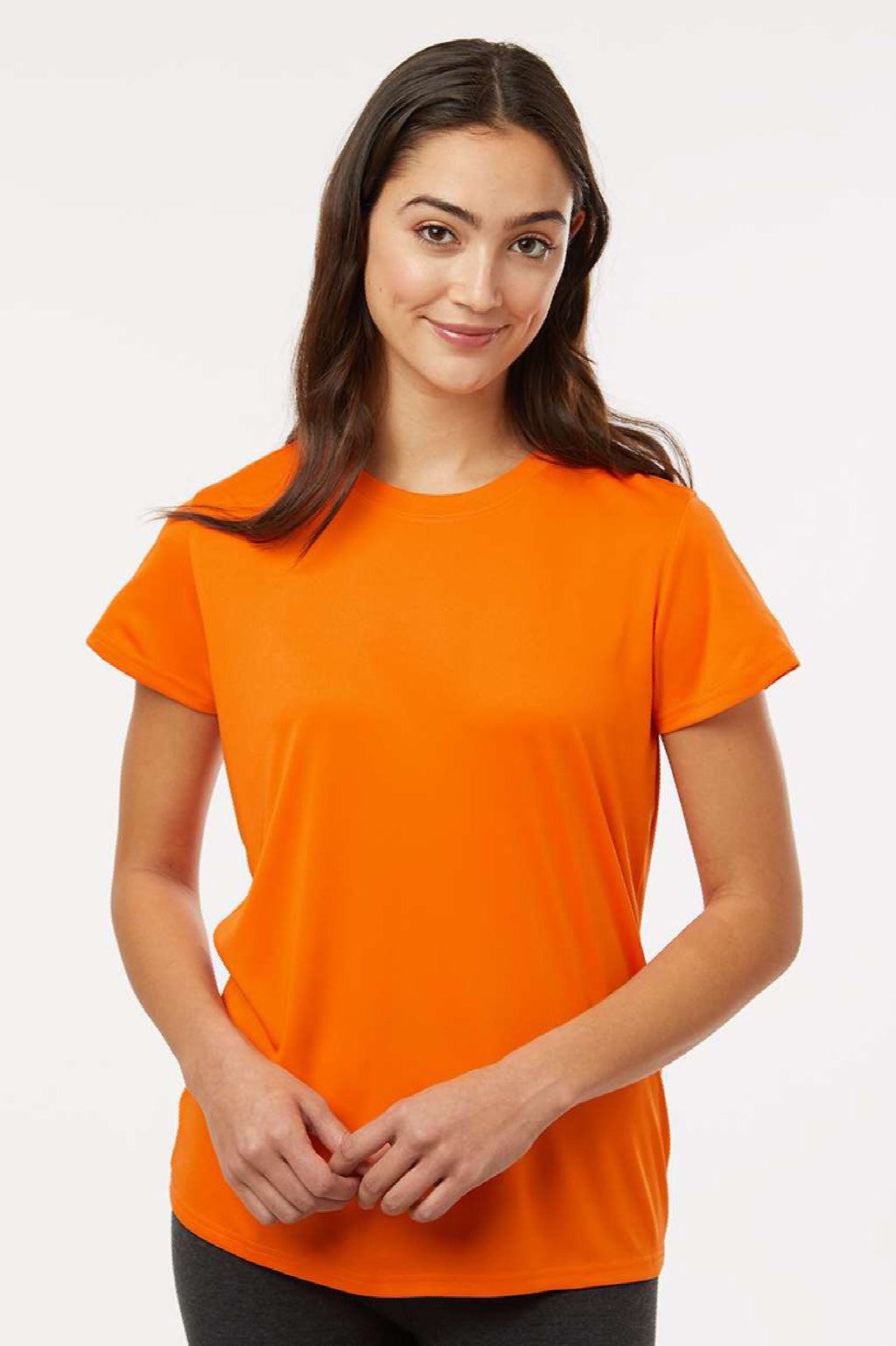 AllPro 48000L Womens Pro Lock Performance Short Sleeve Crewneck T-Shirt Neon Orange Model Front