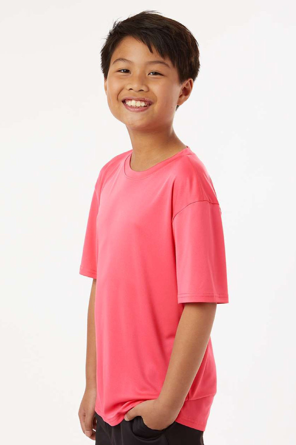 AllPro 48000Y Youth Pro Lock Performance Short Sleeve Crewneck T-Shirt Bright Pink Model Side