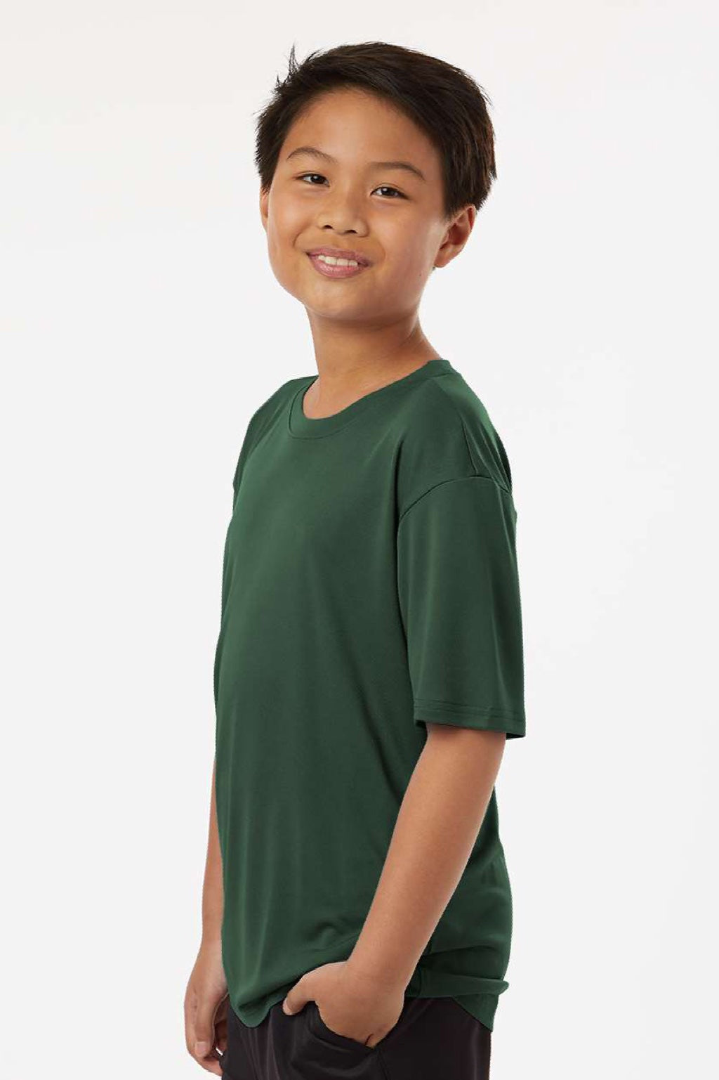 AllPro 48000Y Youth Pro Lock Performance Short Sleeve Crewneck T-Shirt Forest Green Model Side