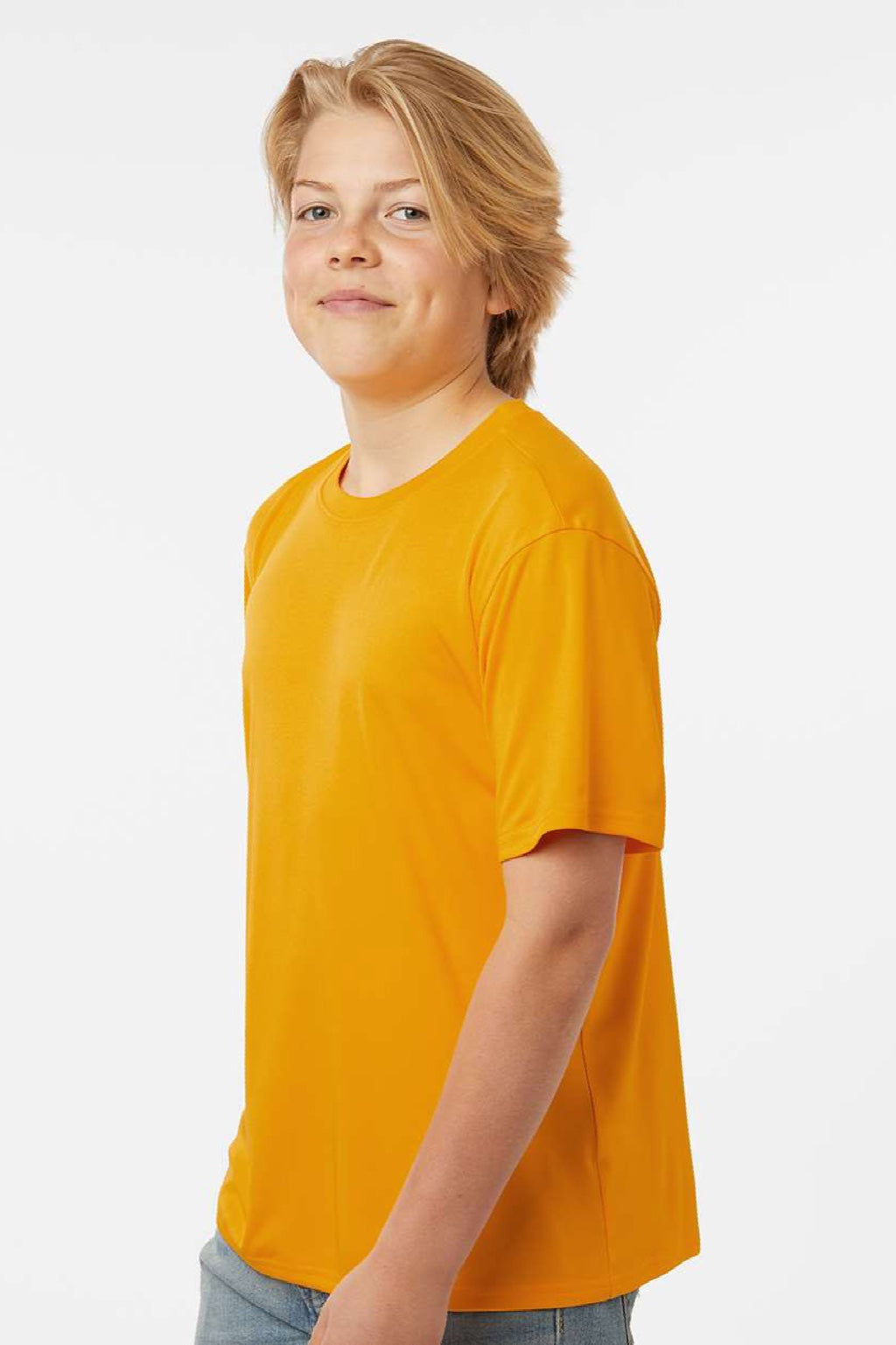 AllPro 48000Y Youth Pro Lock Performance Short Sleeve Crewneck T-Shirt Gold Model Side