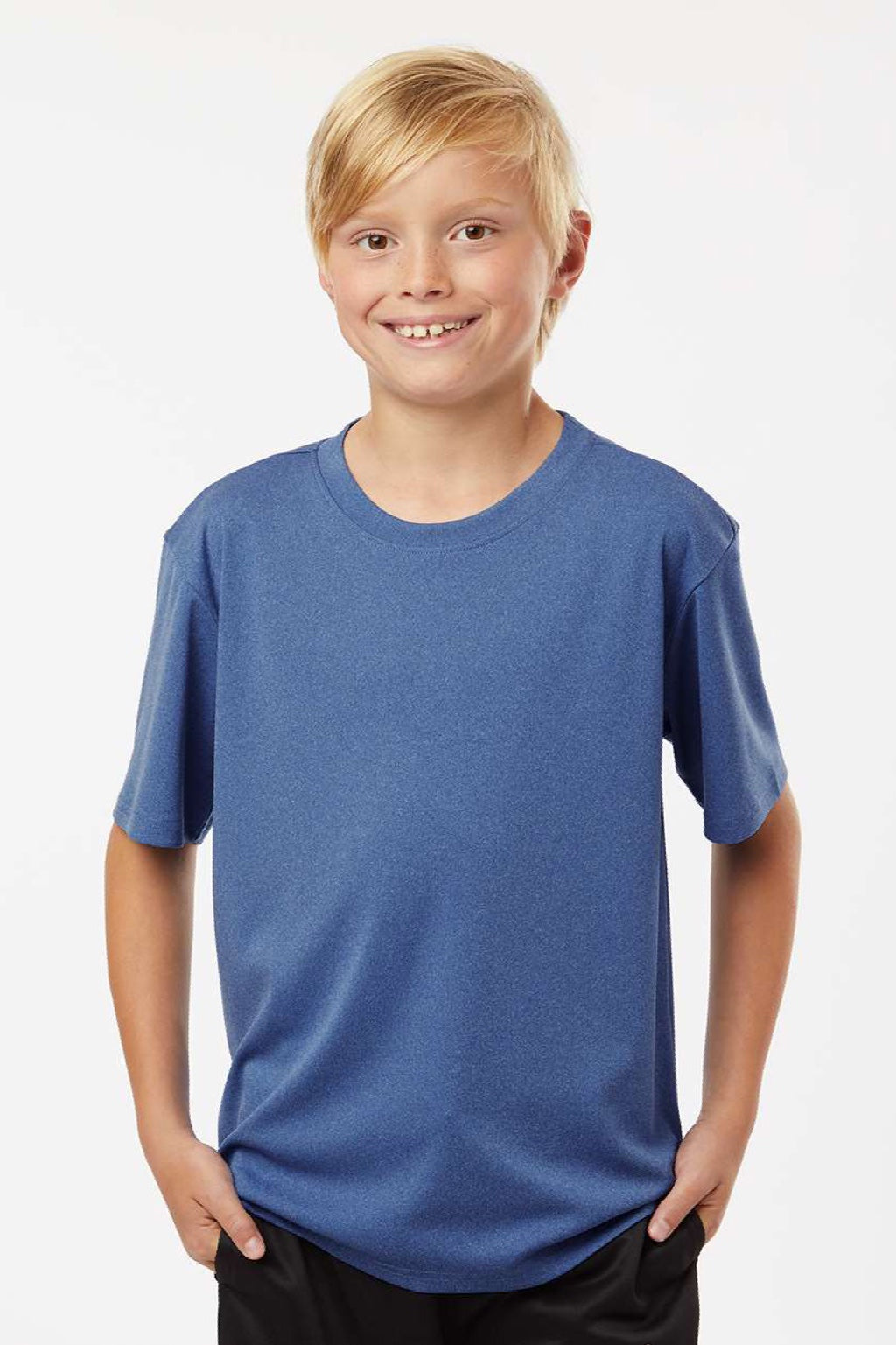 AllPro 48000Y Youth Pro Lock Performance Short Sleeve Crewneck T-Shirt Heather Royal Blue Model Front