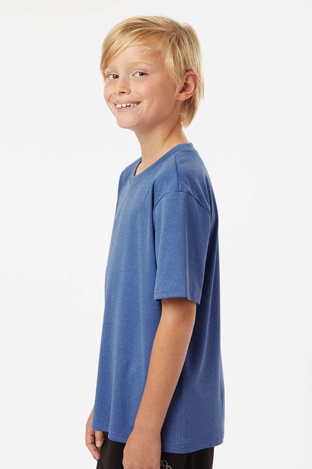 AllPro 48000Y Youth Pro Lock Performance Short Sleeve Crewneck T-Shirt Heather Royal Blue Model Side