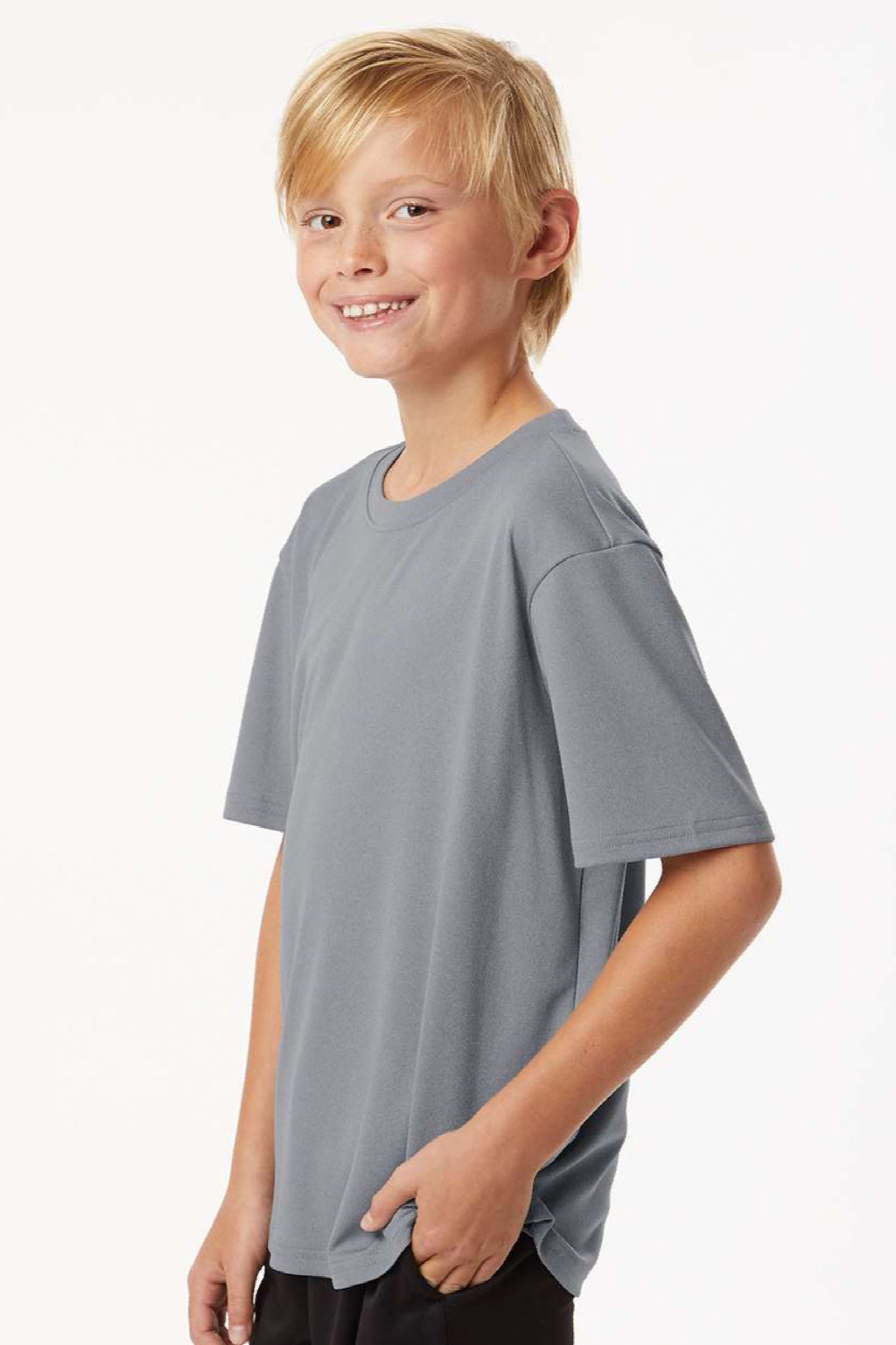 AllPro 48000Y Youth Pro Lock Performance Short Sleeve Crewneck T-Shirt Heather Steel Grey Model Side