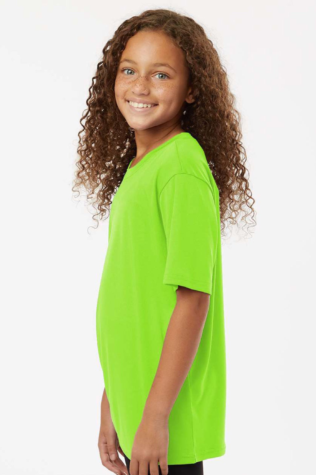AllPro 48000Y Youth Pro Lock Performance Short Sleeve Crewneck T-Shirt Lime Green Model Side