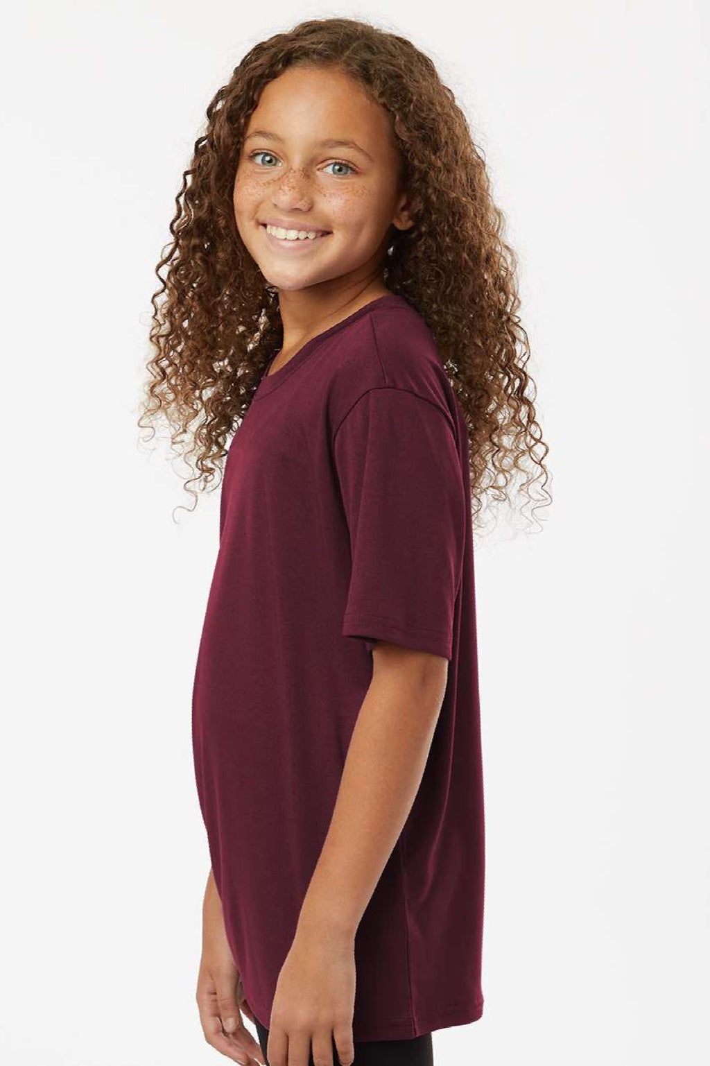 AllPro 48000Y Youth Pro Lock Performance Short Sleeve Crewneck T-Shirt Maroon Model Side