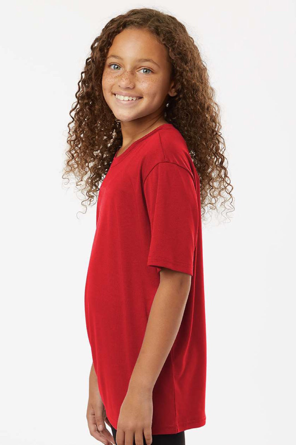 AllPro 48000Y Youth Pro Lock Performance Short Sleeve Crewneck T-Shirt Red Model Side