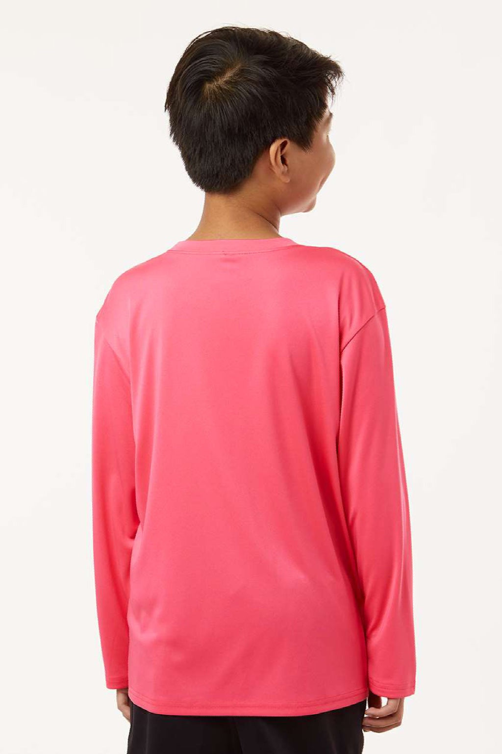 AllPro 48400Y Youth Pro Lock Performance Long Sleeve Crewneck T-Shirt Bright Pink Model Back