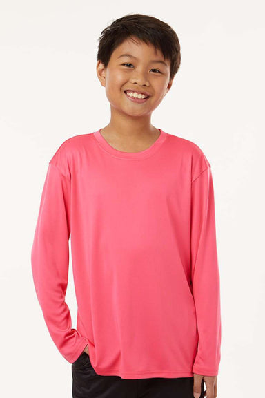AllPro 48400Y Youth Pro Lock Performance Long Sleeve Crewneck T-Shirt Bright Pink Model Front