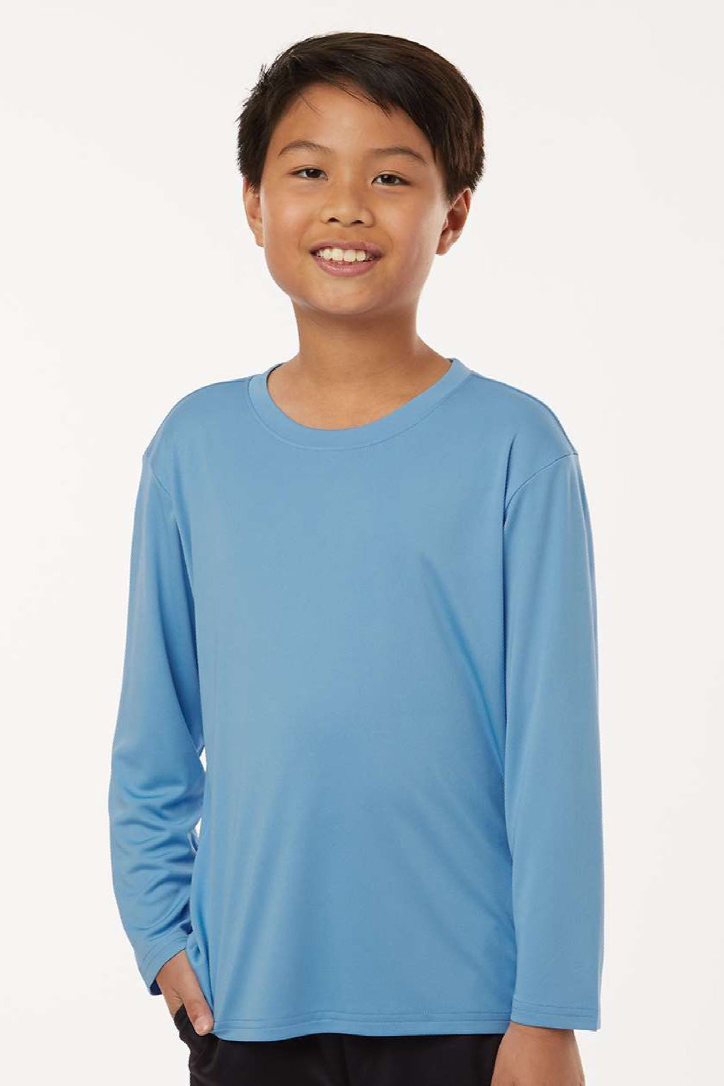 AllPro 48400Y Youth Pro Lock Performance Long Sleeve Crewneck T-Shirt Carolina Blue Model Front