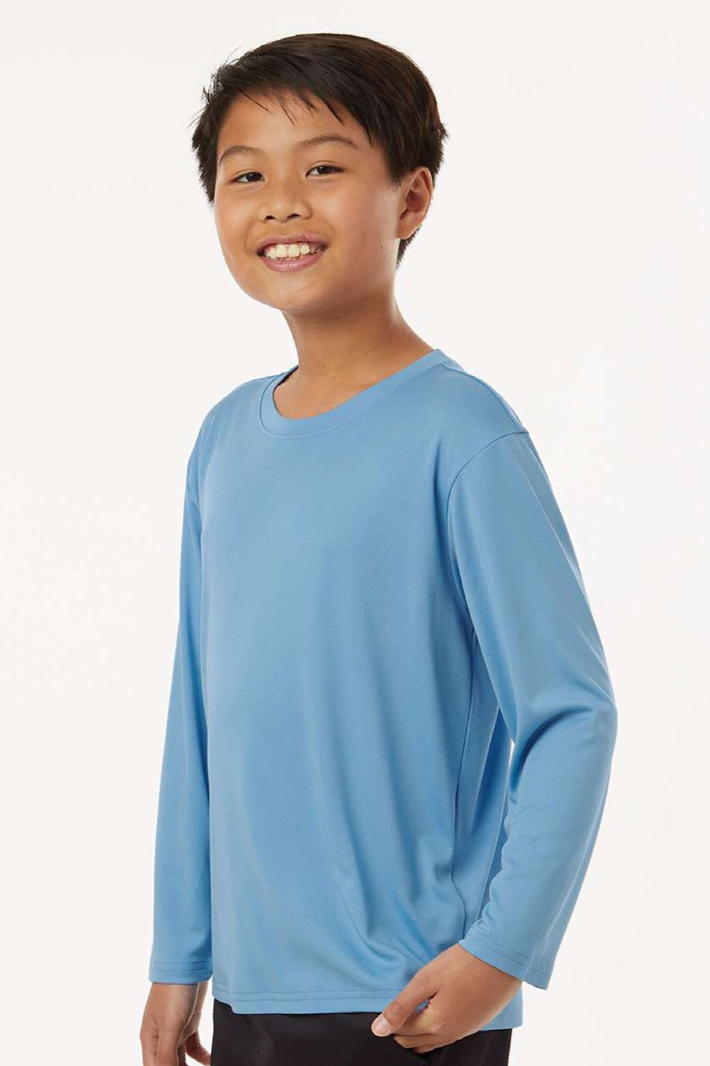 AllPro 48400Y Youth Pro Lock Performance Long Sleeve Crewneck T-Shirt Carolina Blue Model Side