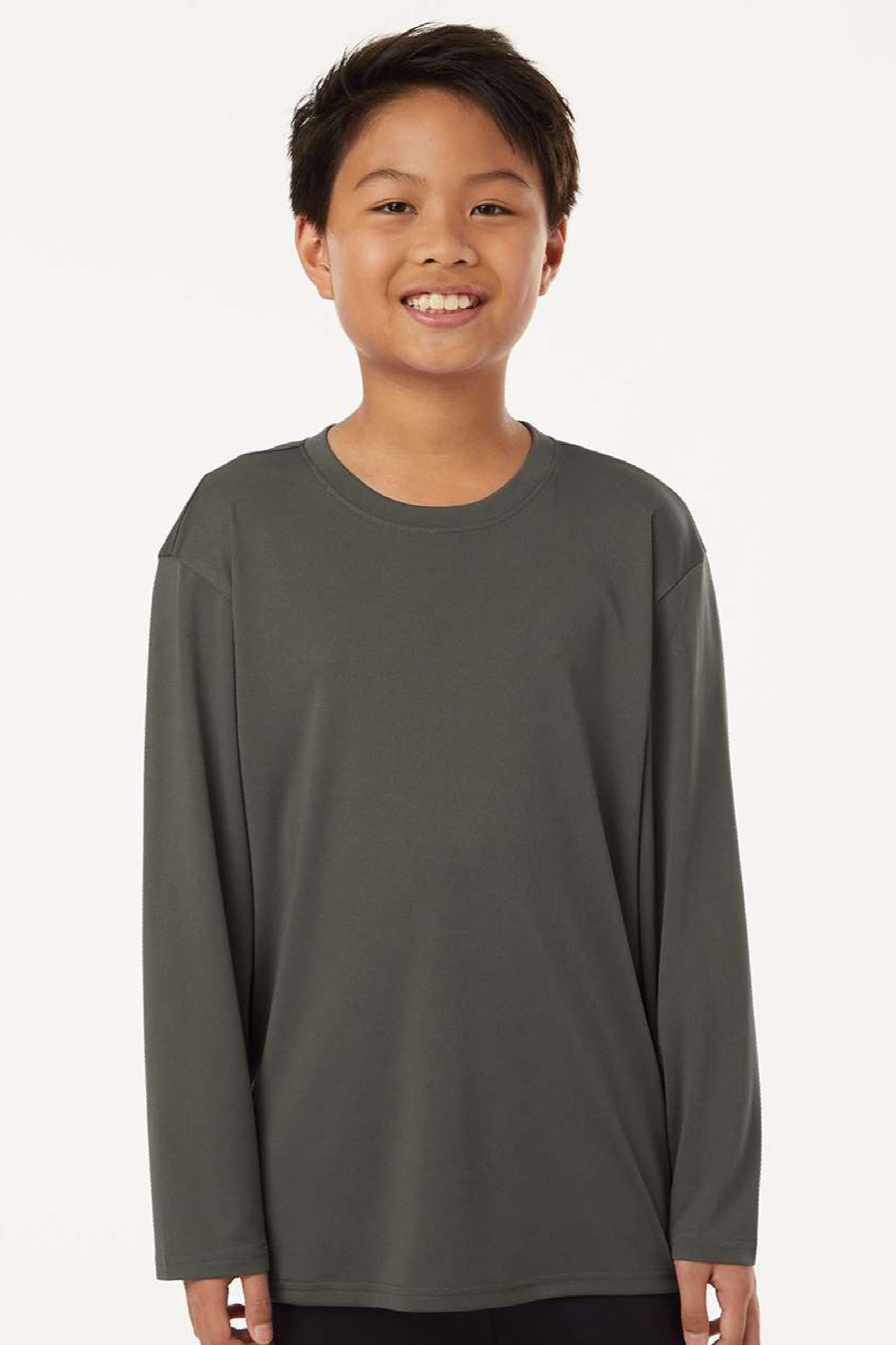 AllPro 48400Y Youth Pro Lock Performance Long Sleeve Crewneck T-Shirt Charcoal Grey Model Front