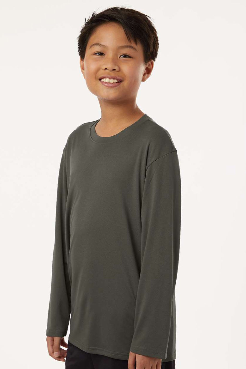 AllPro 48400Y Youth Pro Lock Performance Long Sleeve Crewneck T-Shirt Charcoal Grey Model Side