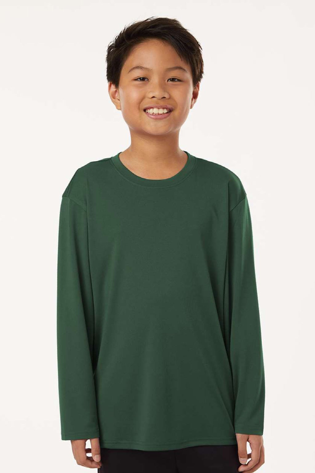 AllPro 48400Y Youth Pro Lock Performance Long Sleeve Crewneck T-Shirt Forest Green Model Front