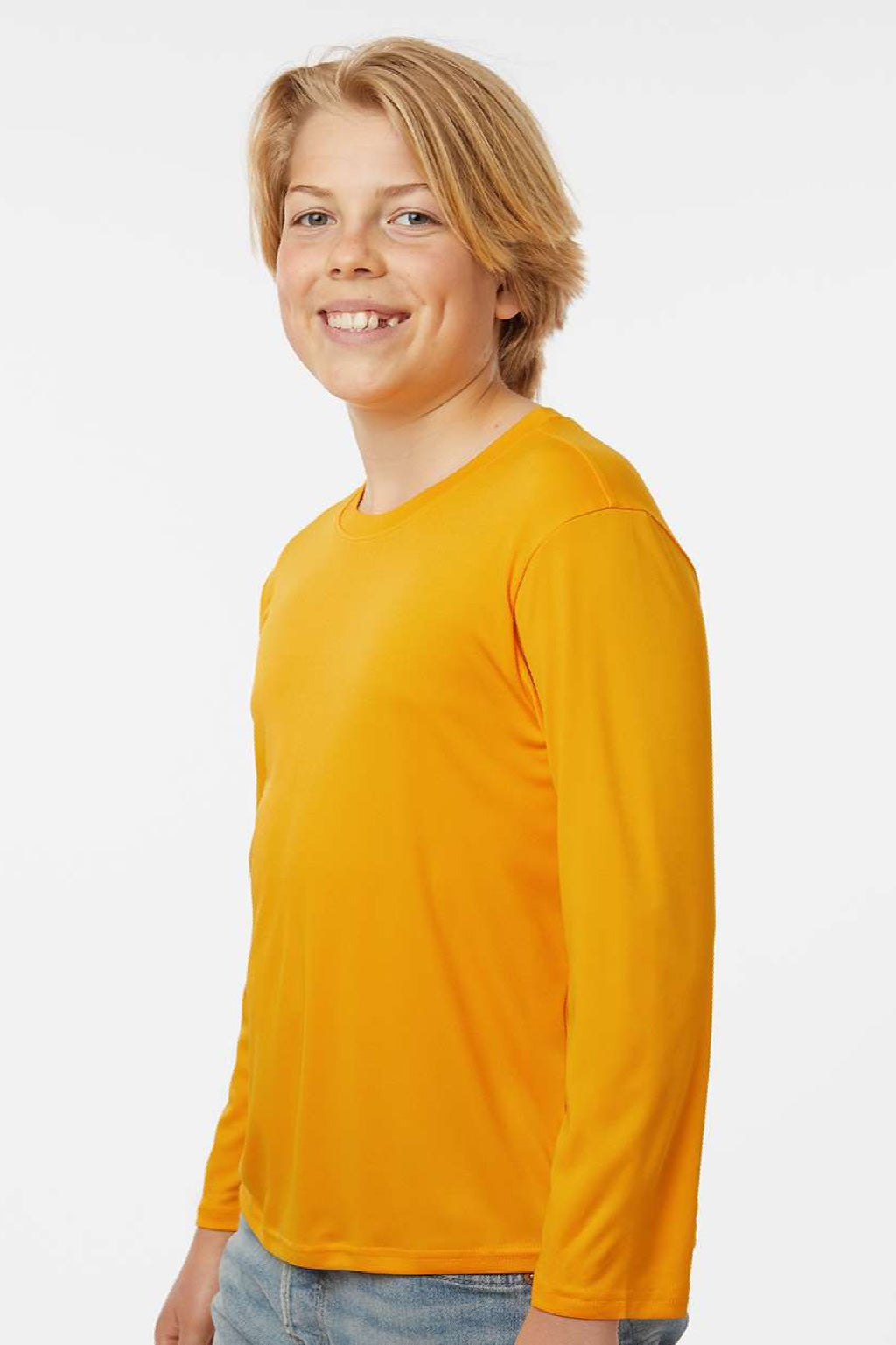 AllPro 48400Y Youth Pro Lock Performance Long Sleeve Crewneck T-Shirt Gold Model Side