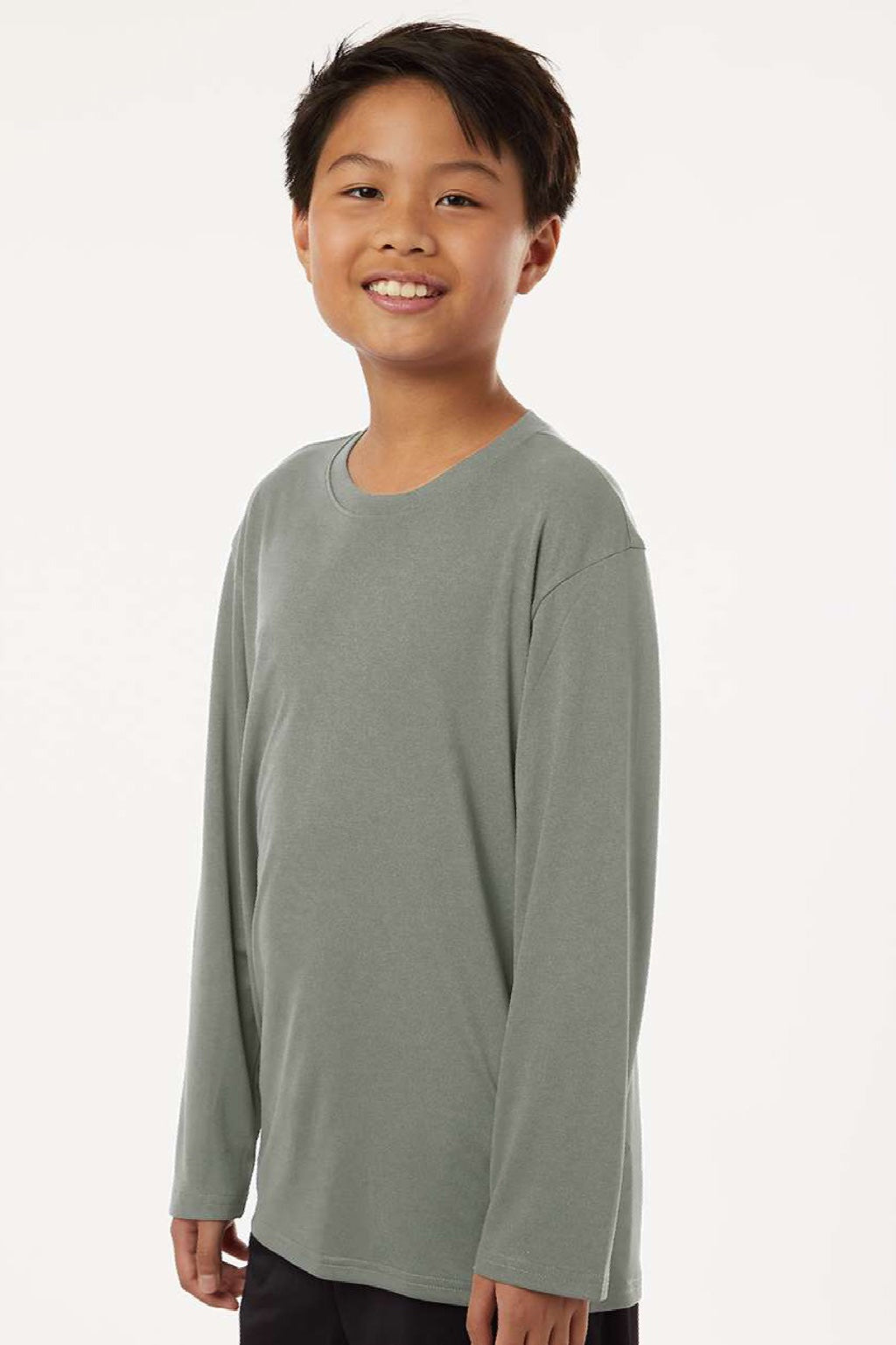 AllPro 48400Y Youth Pro Lock Performance Long Sleeve Crewneck T-Shirt Greystone Model Side