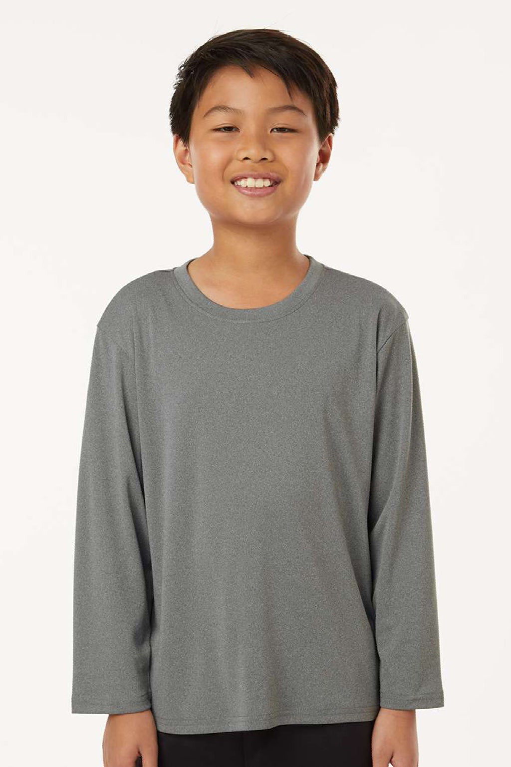 AllPro 48400Y Youth Pro Lock Performance Long Sleeve Crewneck T-Shirt Heather Granite Grey Model Front