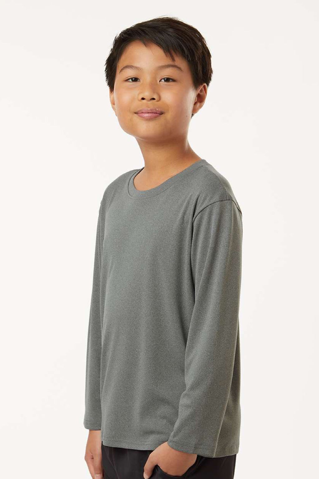 AllPro 48400Y Youth Pro Lock Performance Long Sleeve Crewneck T-Shirt Heather Granite Grey Model Side