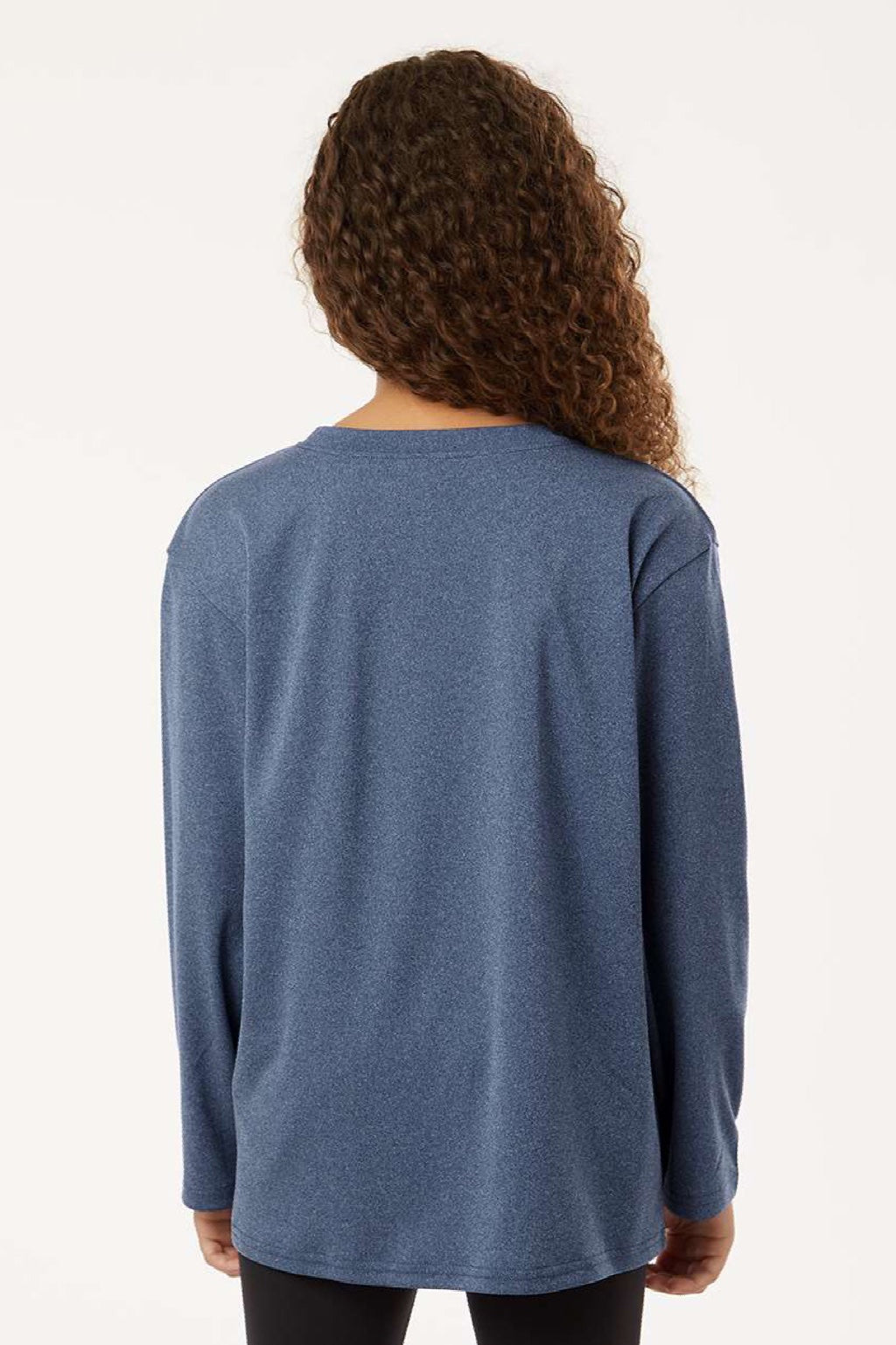 AllPro 48400Y Youth Pro Lock Performance Long Sleeve Crewneck T-Shirt Heather Navy Blue Model Back