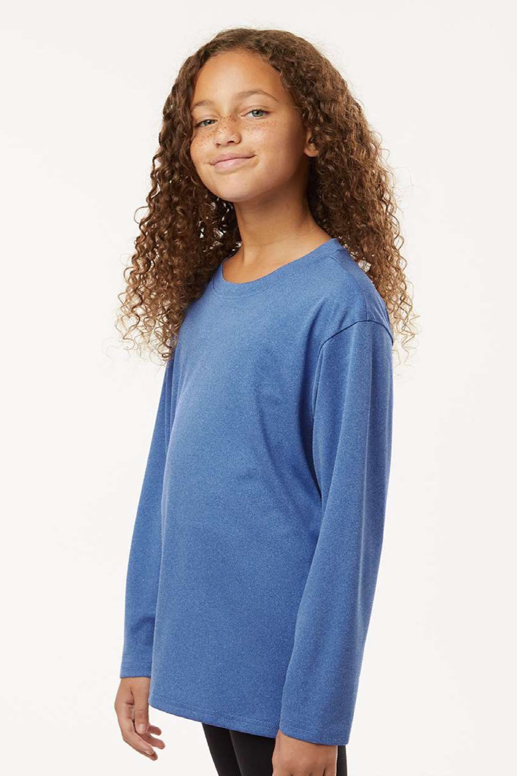 AllPro 48400Y Youth Pro Lock Performance Long Sleeve Crewneck T-Shirt Heather Royal Blue Model Side