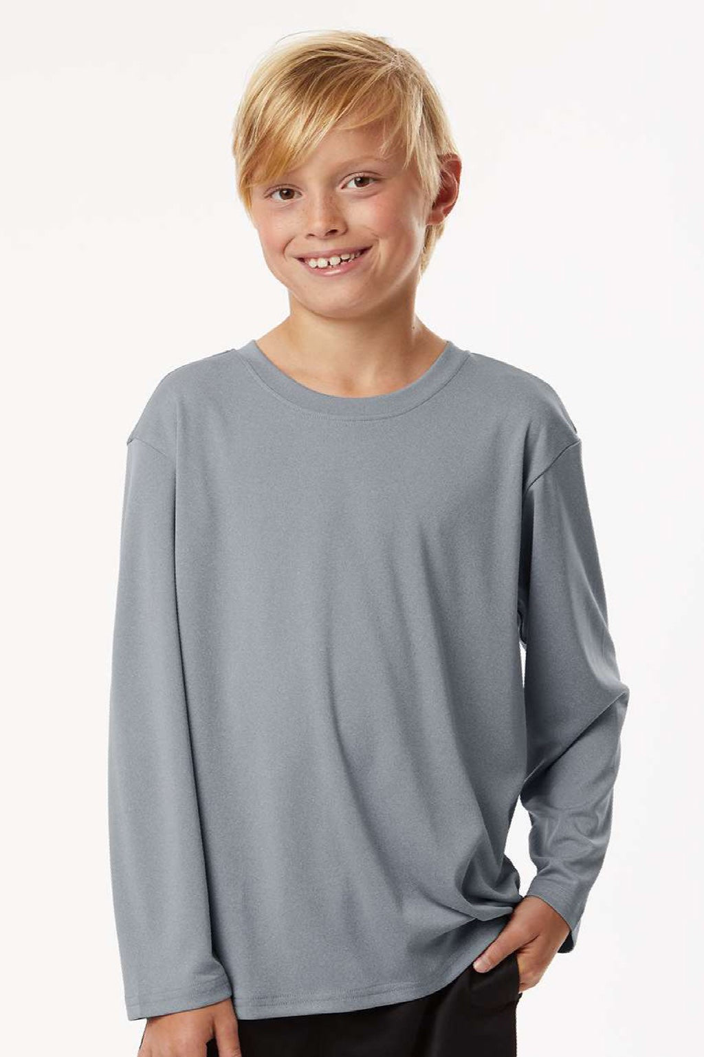 AllPro 48400Y Youth Pro Lock Performance Long Sleeve Crewneck T-Shirt Heather Steel Grey Model Front