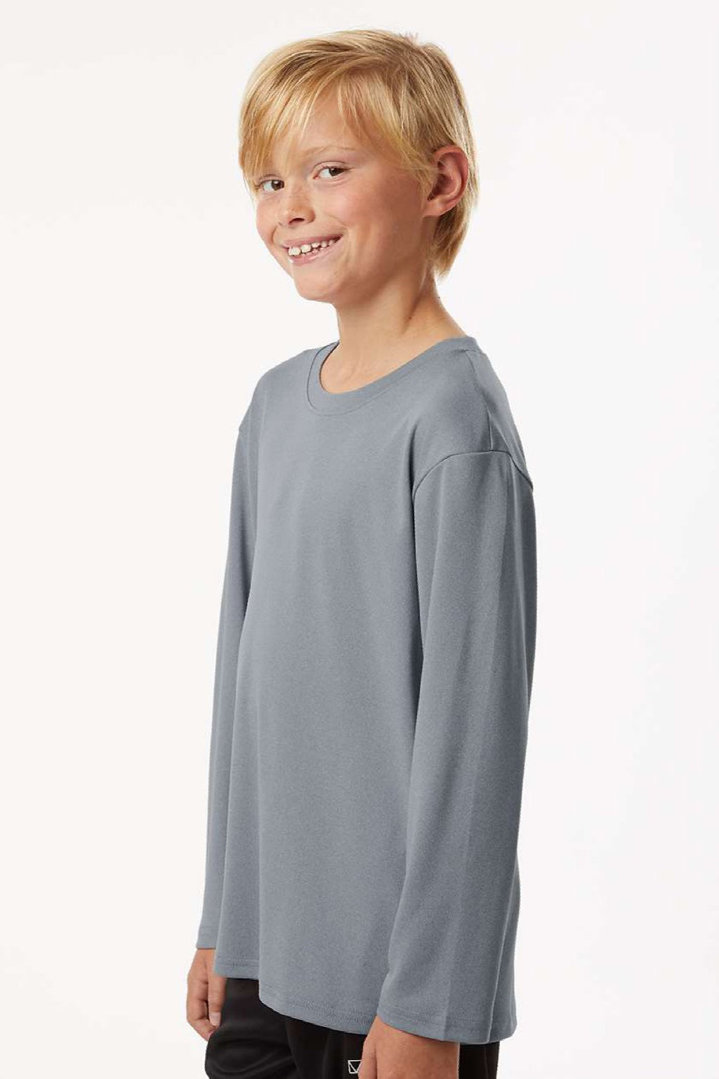 AllPro 48400Y Youth Pro Lock Performance Long Sleeve Crewneck T-Shirt Heather Steel Grey Model Side