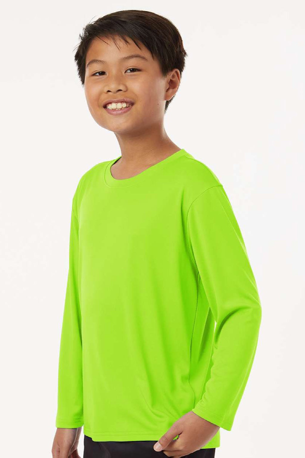 AllPro 48400Y Youth Pro Lock Performance Long Sleeve Crewneck T-Shirt Lime Green Model Side