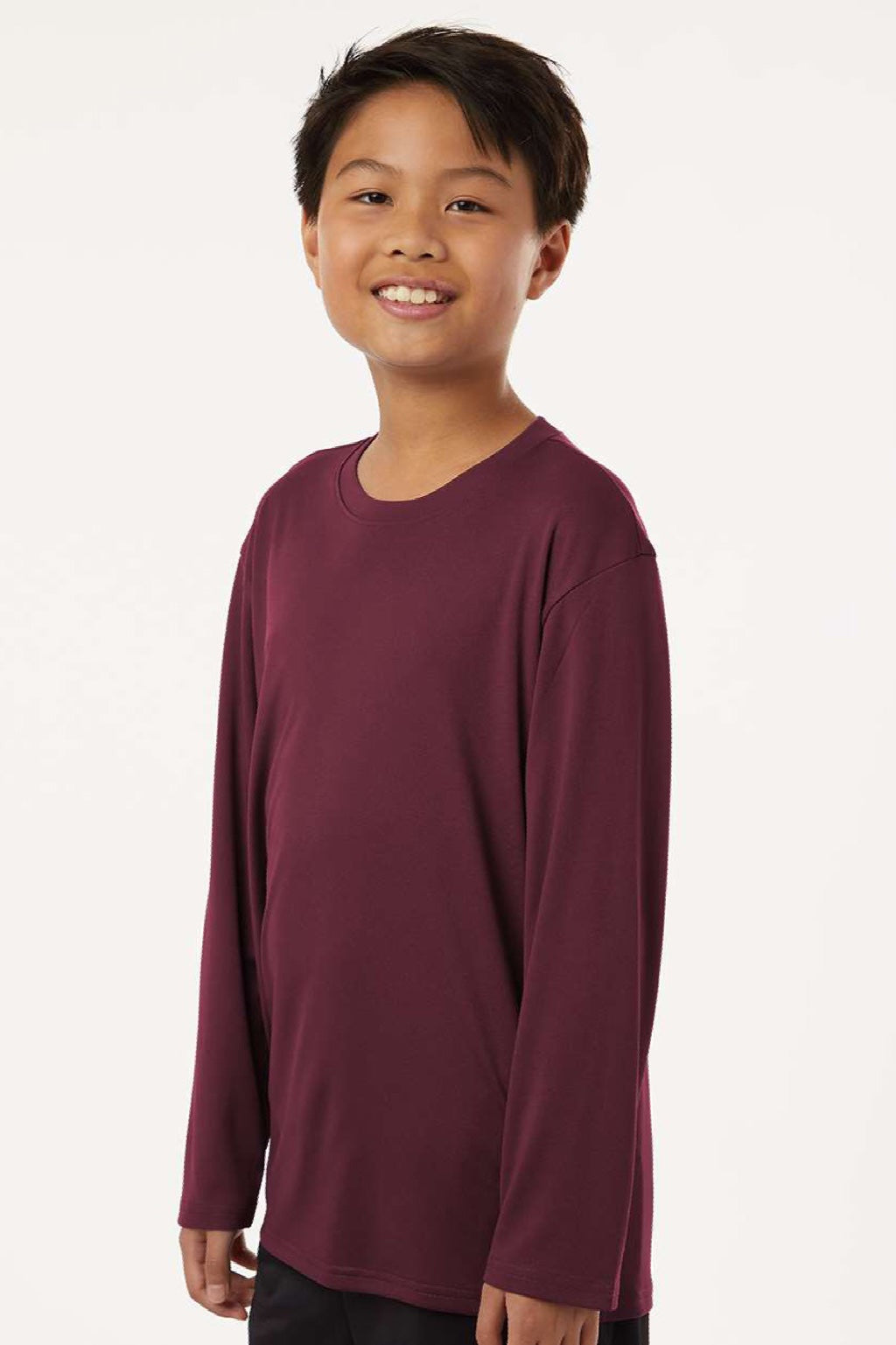 AllPro 48400Y Youth Pro Lock Performance Long Sleeve Crewneck T-Shirt Maroon Model Side
