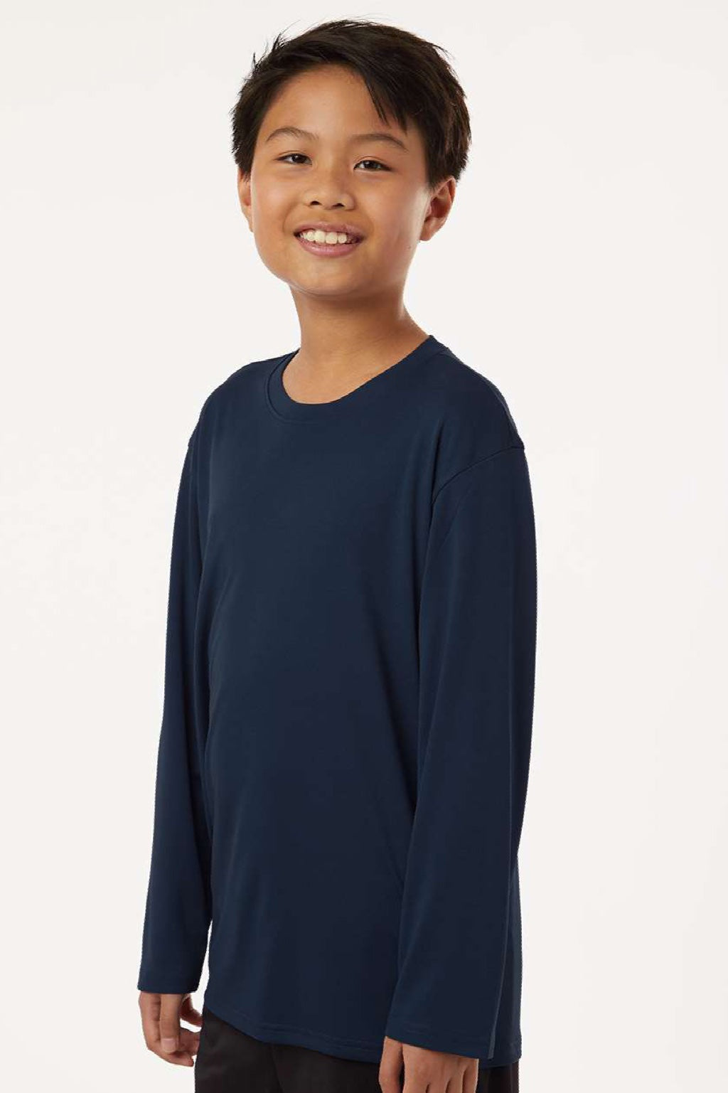 AllPro 48400Y Youth Pro Lock Performance Long Sleeve Crewneck T-Shirt Navy Blue Model Side