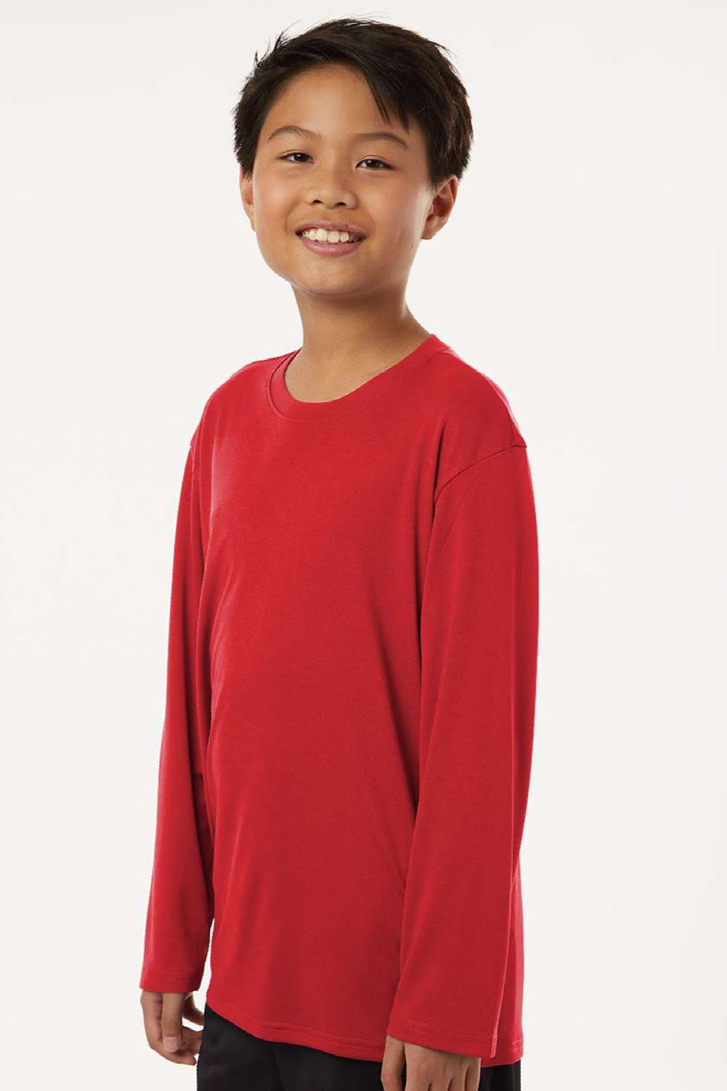 AllPro 48400Y Youth Pro Lock Performance Long Sleeve Crewneck T-Shirt Red Model Side