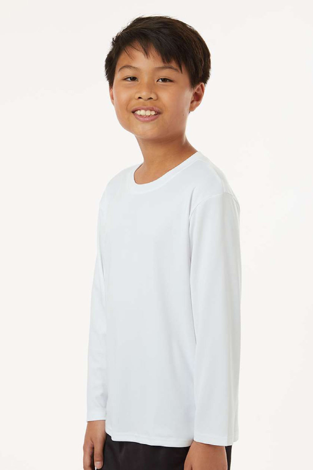 AllPro 48400Y Youth Pro Lock Performance Long Sleeve Crewneck T-Shirt White Model Side