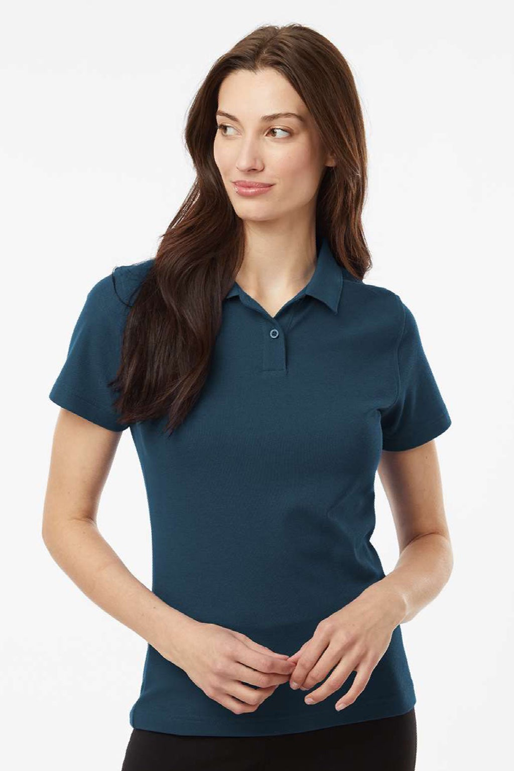 AllPro 62800L Womens Pique Short Sleeve Polo Shirt Atlantic Blue Model Front