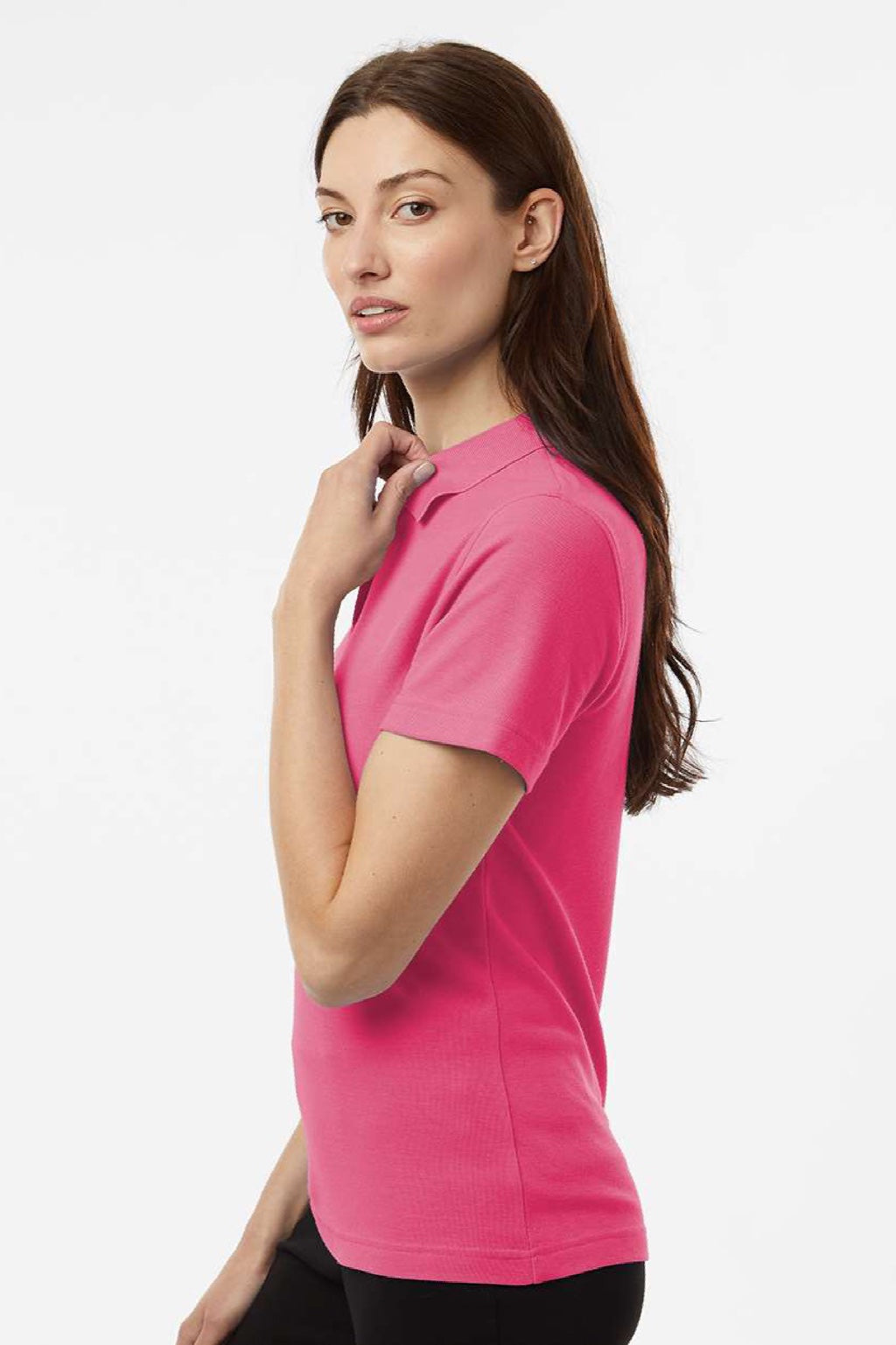 AllPro 62800L Womens Pique Short Sleeve Polo Shirt Bright Pink Model Side