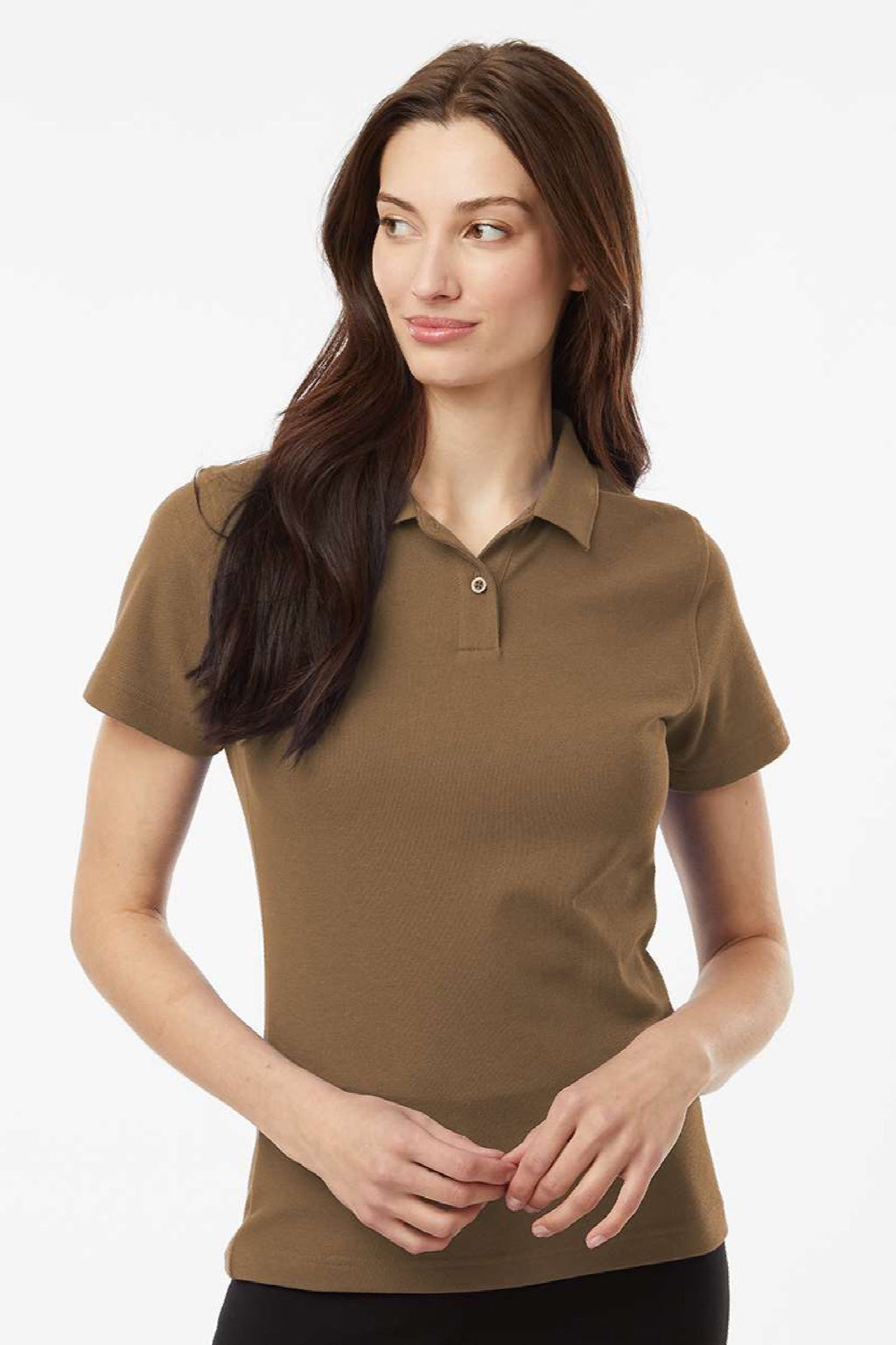 AllPro 62800L Womens Pique Short Sleeve Polo Shirt Cigar Brown Model Front