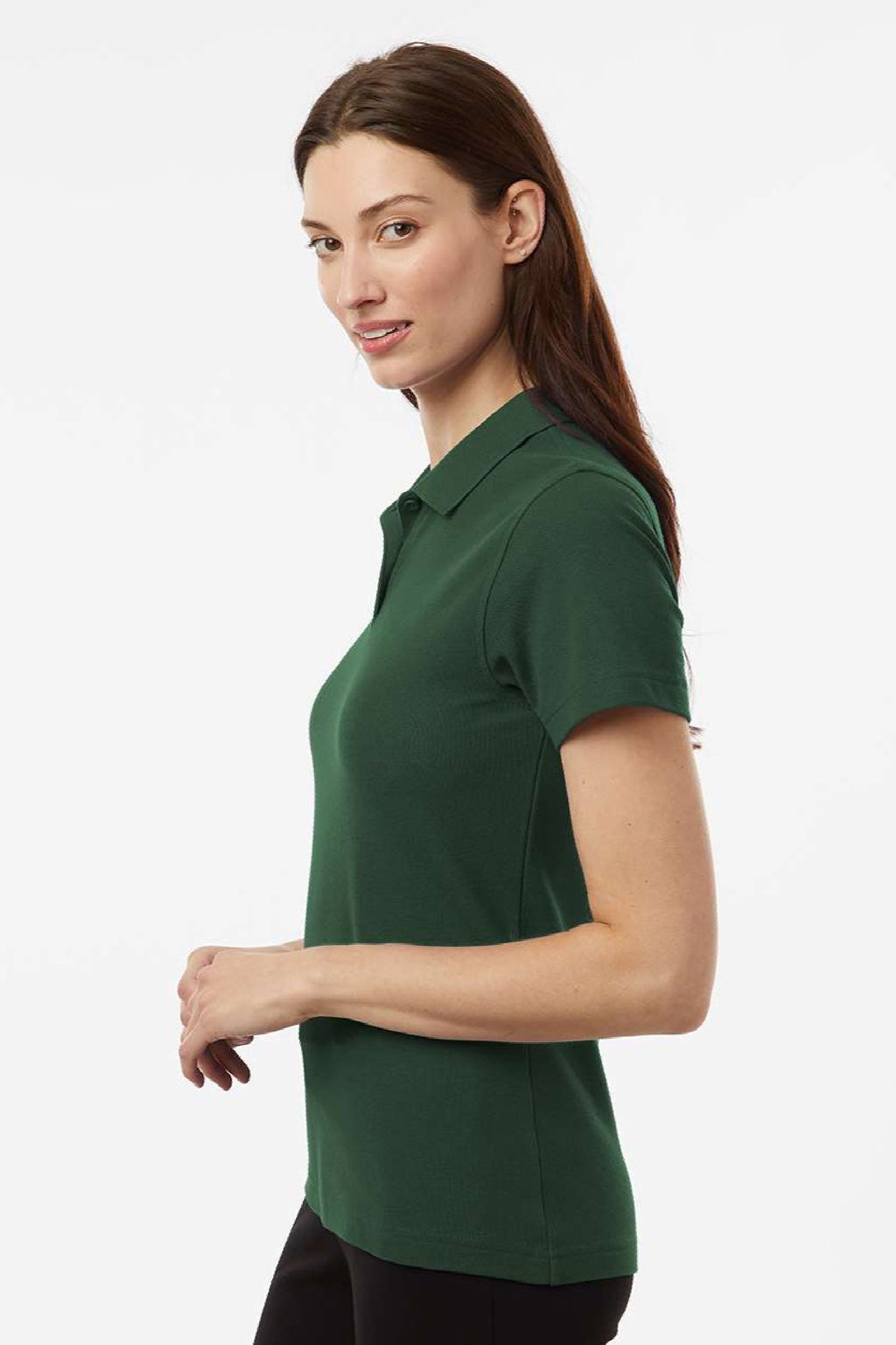AllPro 62800L Womens Pique Short Sleeve Polo Shirt Forest Green Model Side