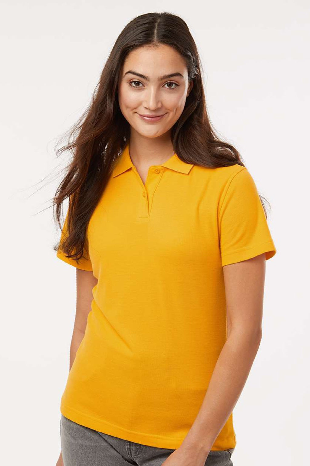 AllPro 62800L Womens Pique Short Sleeve Polo Shirt Gold Model Front