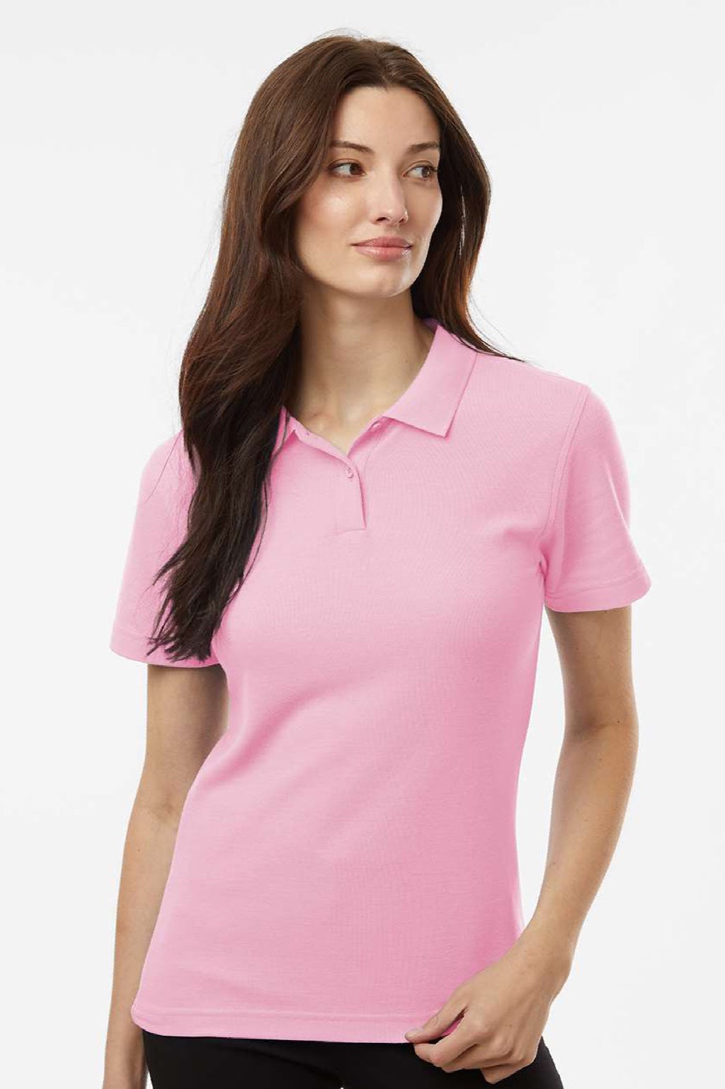 AllPro 62800L Womens Pique Short Sleeve Polo Shirt Light Pink Model Front
