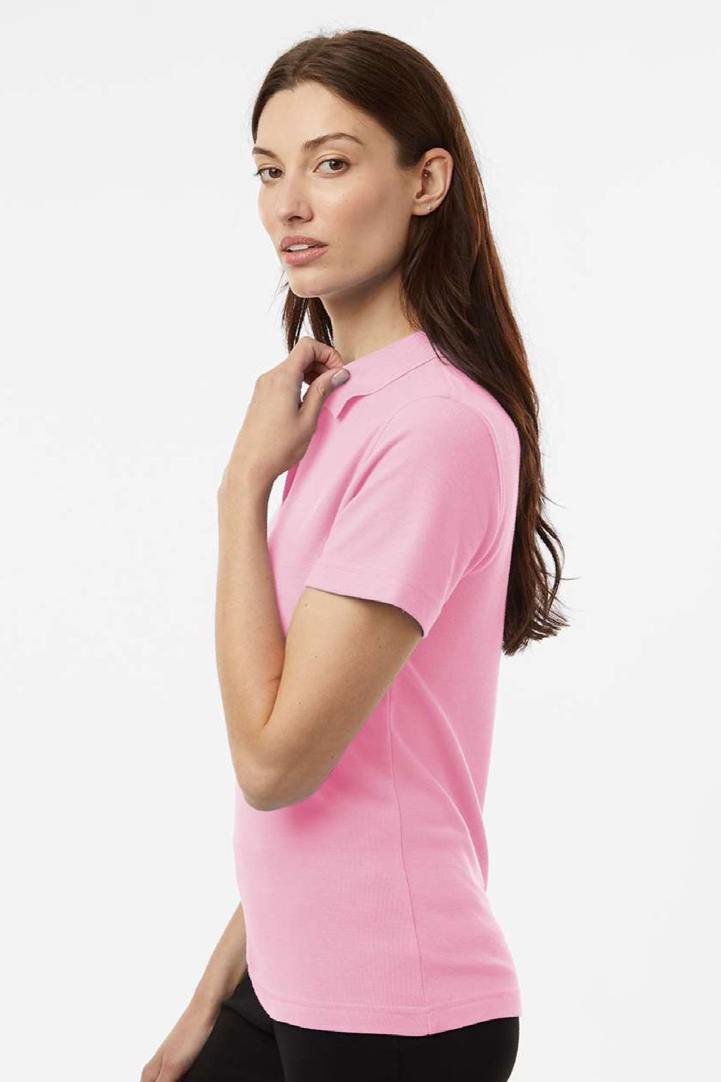 AllPro 62800L Womens Pique Short Sleeve Polo Shirt Light Pink Model Side